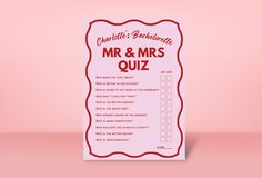 a pink poster with the words mr and mrs quiz on it's back side