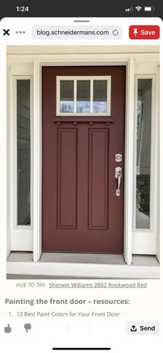 a red front door with white trim and two sidelights on the top, and bottom panel