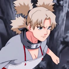 an anime character with blonde hair and blue eyes in front of a wooded area, looking at the camera