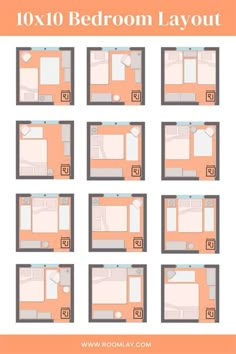 the 10x10 bedroom layout is shown in orange and grey colors, with eight different rooms