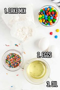 ingredients to make an ice cream cake on a white table with text overlay that reads, 1 cake mix 2 eggs 3 oil