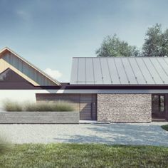 an artist's rendering of a modern house with grass and trees in the background