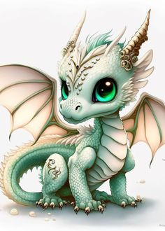 a white dragon with green eyes sitting on the ground