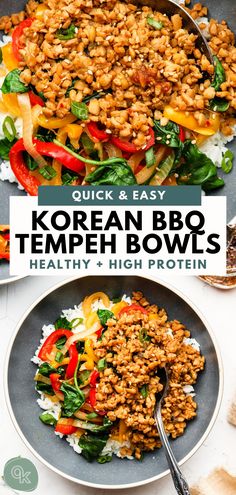 korean bbq tempeh bowls with rice and vegetables in them on a plate