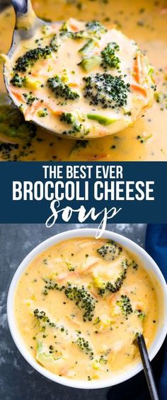 broccoli cheese soup in a white bowl