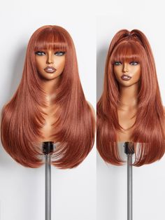 PRICES MAY VARY. 🔥EXPERIENCE STYLE-ARCHIVE: Ingeniously crafted with a blend of Premium Fiber and Remy Human Hair, our straight layered wigs boast a "human-hair-like" touch, paired with the exceptional lasting power of premium fibers. Say goodbye to messy tangles or losing your style throughout the day. Embrace the beauty that stays impeccable from morning to night. 🔥PUT ON & GO: Beginner-friendly. This 22 inch glueless orange ginger brown straight layered wig with bangs requires no expertise Ginger Human Hair Wig, Ginger Wigs For Black Women Style, Glueless Wig Styles, Brown Wig With Bangs Black Women, Unique Wig Styles, Ginger Hair Styles On Black Women, Dark Ginger Wig, Fall Wigs For Black Women, Fall Wig Colors Black Women