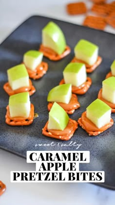 caramel apple pretzel bites on a black plate