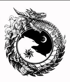 a black and white drawing of a dragon in the center of a circle with leaves around it