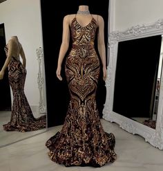 Gold Halter Neck Sequined Dress, Gold Sequin Halter Neck Dress, Gold Backless Evening Dress For Prom, Gold Fitted Gown For Prom, Fitted Gold Evening Dress With Sweep Train, Fitted Gold Gown For Prom, Fitted Gold Gown For Prom Season, Gold Backless Gown For Prom, Gold Sleeveless Fitted Evening Dress