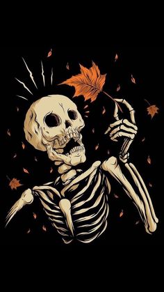 a skeleton holding an orange leaf in it's right hand and throwing it into the air