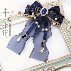 Elegant bowknot hairclip decorated with chain and gems. Attention: This price includes a hairclip only, others are not included. Navy And Gold Hair Bow, Kalung Choker, Anting Manik, V Model, Blue Accessories, Magical Jewelry, Kawaii Accessories, Fancy Jewellery, Fantasy Jewelry