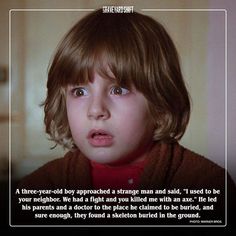 a young boy with blue eyes is looking at the camera and has a funny quote on it