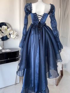 Blue Ruffled Dress For Costume Party, Blue Summer Dress For Costume Party, Blue Fitted Dress For Costume Party, Fitted Blue Dress For Costume Party, Long Sleeve Corset Dress For Prom, Fitted Blue Dress With Ruffle Hem, Blue Fitted Dress With Ruffle Hem, Blue Corset Dress For Costume Party, Fitted Royal Blue Dress For Costume Party