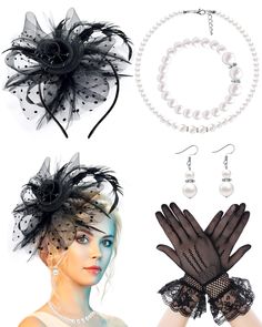 PRICES MAY VARY. 【Tea Party Accessories Set】You will receive 1 pieces of mesh feathered black horse racing fascinators hat, 1 pairs of short lace gloves, 1 pairs of faux pearl drop earing, 1 pieces faux pearl bracelet and 1 pieces faux pearl necklaces. The practical and exquisite combination is suitable for most women girls, can meet your daily and party wear needs; You can also share them with your family 【Elegant Fascinator Hat】The pillbox black fascinator for women featuring a dotted mesh at Black Gatsby Style Party Fascinator, Elegant Black Headpiece For Carnival, Gatsby Style Black Fascinator For Parties, Black Gatsby Style Fascinator For Party, Black Gatsby Fascinator For Parties, Black Gatsby Party Costume Hats And Headpieces, Black Gatsby Party Hat, Black Gatsby Style Party Headpiece, Black Gatsby Style Headpieces For Party