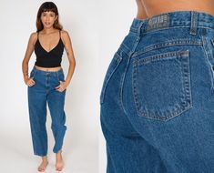 "Vintage 90s jeans by Gitano in blue denim with a high waist and a relaxed tapered leg. Please see measurements and condition below. Every garment we sell is authentic vintage! You will receive the exact item photographed. Condition: Very good vintage. Best fits women's: Labelled 16, but runs modern medium  Tag: Gitano Material:  Denim MEASUREMENTS Taken from seam to seam while the garment is lying flat. Double the armpit, waist, and hips For reference, model is 5'9\" and measures 35-27.5-39 Wai Purple Prom Dress Long, 60s Mini Dress, Hot Pants Shorts, Baby Pink Dresses, Blue Mom Jeans, White Slip Dress, Jean Vintage, 90s Jeans, Vintage Trousers