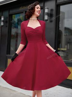 Vestido de Coquetel Midi Vintage de Balanço dos anos 60 com Decote Princesa em Rosa VermelhoDescobri produtos incríveis no SHEIN.com, venha conferir!