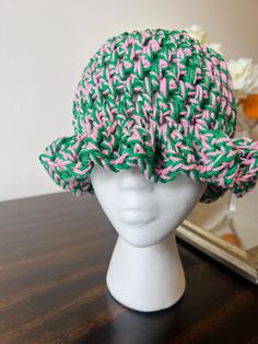 Handmade Crochet Bucket Hat Crochet Bucket Hats, Sorority Colors, Crochet Bucket, Crochet Bucket Hat, Bucket Hats, Sorority, Handmade Crochet, Wedding Shop, Pink And Green