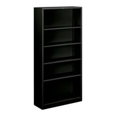 a black bookcase with three shelves on each side