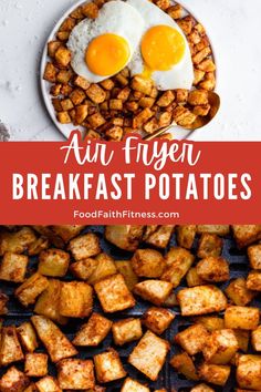 fried breakfast potatoes with eggs on top and text overlay