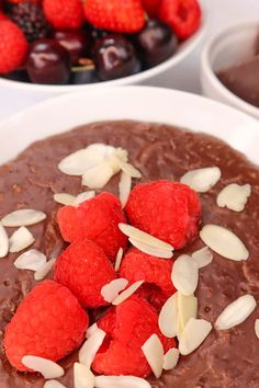 Bring your morning porridge to a new level with this chocolate porridge topped with raspberries and sliced almonds. Chocolate and raspberries just go so well together, like a match made in heaven. This is one of my favorite breakfasts. For the full step by step chocolate porridge recipe click the link.