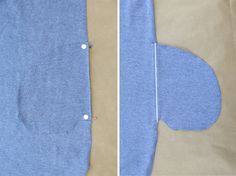 two pictures showing the side and back of a blue sweater with buttons on it, next to an open piece of fabric that has been cut into smaller pieces