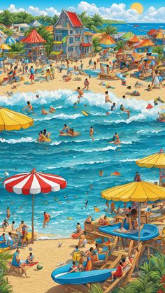 a painting of many people at the beach