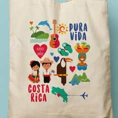 a tote bag with various items on it and the words costa rica written in spanish