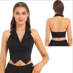 Crop Top Halter Backless Button-Down Notch Lapel Design Pointed Hem Vest New With Tags Size: Medium Color Black Material: 90% Polyester, 10% Spandex Lining: Polyester Collar: Halter Slim Fit Features Women’s Fashion Solid Color Crop Top Halter, Backless Button Down, Pointed Hem Vest. Made Of Skin-Friendly Soft Fabric. No Pilling, Fade Resistant & Comfortable To Wear. Halter With Notch Lapel Design, Backless, Button Down And Pointed Hem. Works Well With Shorts, Jeans, Skirts, Shirts And Jackets S Fitted Top With Button Closure For Party, Fitted Black Tops With Back Button Closure, Fitted Black Top With Back Button Closure, Fitted Black Crop Top For Formal Occasions, Formal Fitted Black Crop Top, Black Fitted Crop Top For Formal Occasions, Fitted Button-up Crop Top For Work, Fitted Button-up Chic Crop Top, Trendy Fitted Buttoned Crop Top