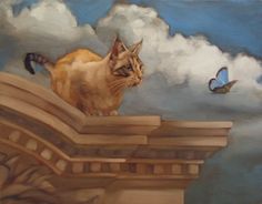 a painting of a cat standing on top of a building with a butterfly flying by