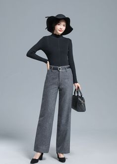 "DETAILS: * 30% wool, 70% polyester fiber * Polyester Lining * Two side pockets * Front hidden zipper closure+buttons * Straight leg pants * High waisted pants * Wide leg pants * Perfect for Winter, autumn * Dry clean *The model is 170cm (5' 7\") tall with 85 cm(33.4\") bust and 67 cm(26.7\")waist. She is wearing the dark gray wool pants in size XS. CUSTOM MADE SERVICE If you * Change other color * Can't find your size in our size Chart * Change the Style * Change the length * Your Height is not Wide Leg Wool Dress Pants For Fall, Tailored High-waist Winter Bottoms, Wool Bottoms For Winter Workwear, High-waisted Wool Pants For Fall, Fall High-waisted Wool Pants, Casual Wool Dress Pants For Fall, Tailored High Waist Winter Pants, Wool Dress Pants With Pockets For Fall, Wool High-waisted Dress Pants For Office