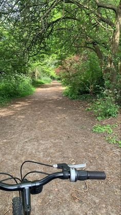 a bicycle is parked on the side of a dirt road in the woods with trees