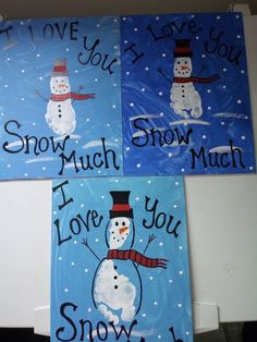 three snowmen painted on canvass with words that say i love you