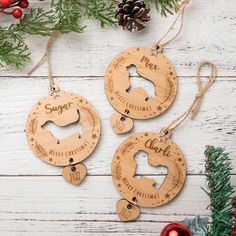 two wooden ornaments with the names of dogs on them