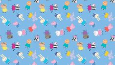 an animal pattern on a blue background with different colored animals and people in the middle