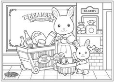 a coloring book page with an image of a bunny and her baby in the kitchen