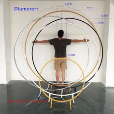 a man is standing in front of a large object with two different circles around him