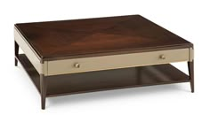 a coffee table with two drawers on each side and an open drawer underneath the top