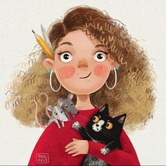 a drawing of a woman holding a cat and two mice on her shoulder with scissors in her hair