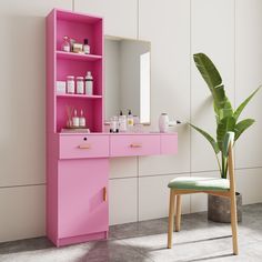 a pink vanity with mirror and stool next to it in a room that has white tiles on the floor