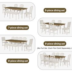 the table and chairs are shown in four different styles, including one with six pieces dining set