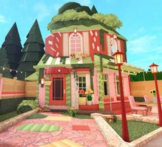 an animated image of a pink house with trees in the background