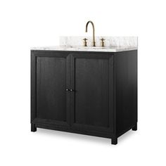 Bayley Single Vanity-Satin Drifted Black Veneer | Birch Lane Main Floor Bathroom, Removable Shelves, Single Wide, Carrera Marble, Black Vanity, Single Sink Vanity, Iron Hardware, Marble Vanity Tops, Outdoor Dining Furniture