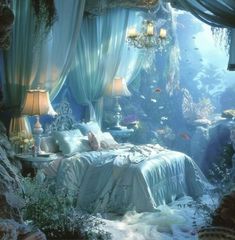 an underwater bedroom is shown in this image