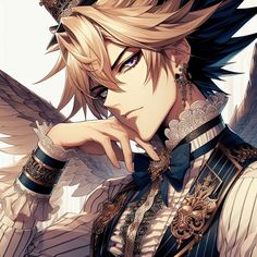 an anime character with blonde hair and wings on his head, holding his hand to his face