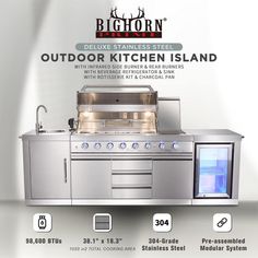 an outdoor kitchen island with stainless steel appliances and cabinet doors is shown in this advertisement