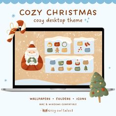 a computer screen with an image of santa claus on it and the words cozy christmas desktop theme