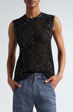 Scattered sequins bring understated shimmer to the breezy mesh knit of this sleeveless cotton-blend sweater branded with signature star hardware. Crewneck Sleeveless 75% polyamide, 25% cotton Dry clean Made in Italy Designer Clothing Flannel Tops, Golden Goose Deluxe Brand, Sequin Tank, Sequin Tank Tops, Sweater Brands, Sleeveless Tshirt, Sleeveless Sweater, Knitted Tank Top, Golden Goose