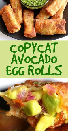 two plates with food on them and the words copycat avocado egg rolls