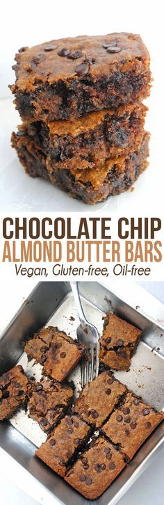 chocolate chip almond butter bars are stacked on top of each other and ready to be eaten