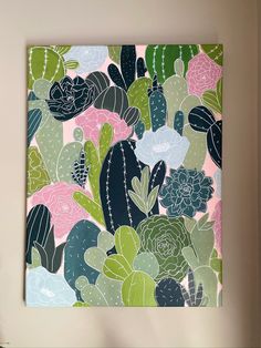 a painting on the wall with cactus and succulents in pastel colors